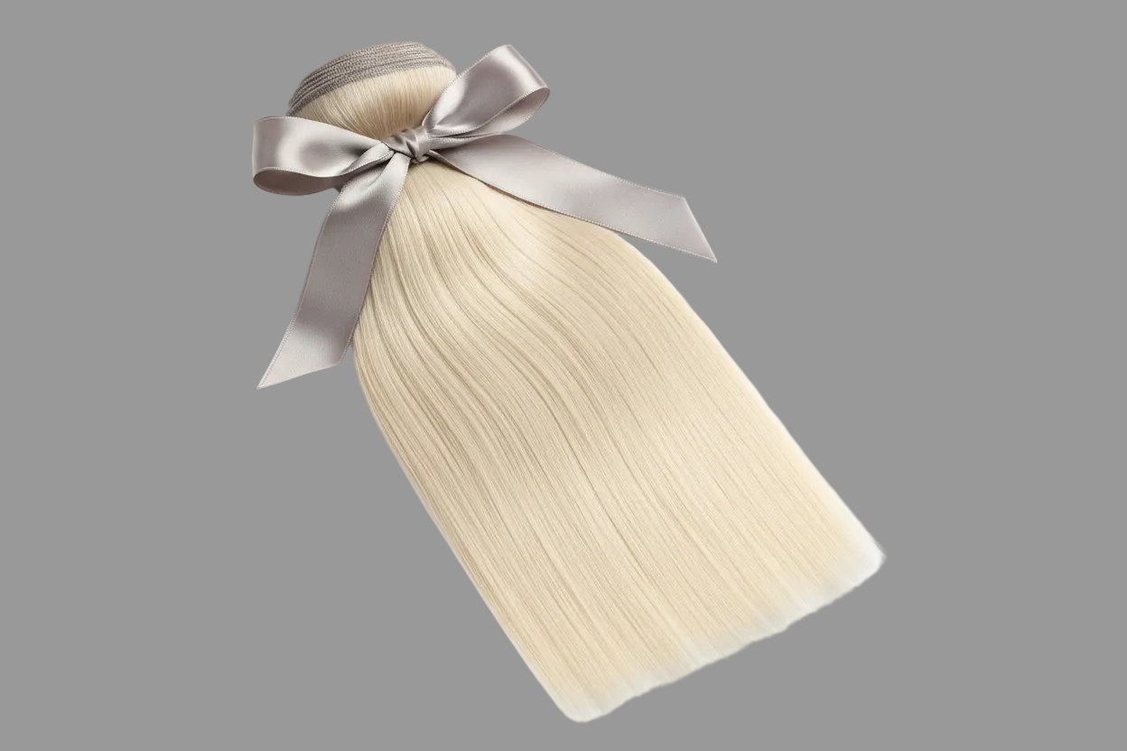 platinum blonde straight human hair bundle with grey bow on top
