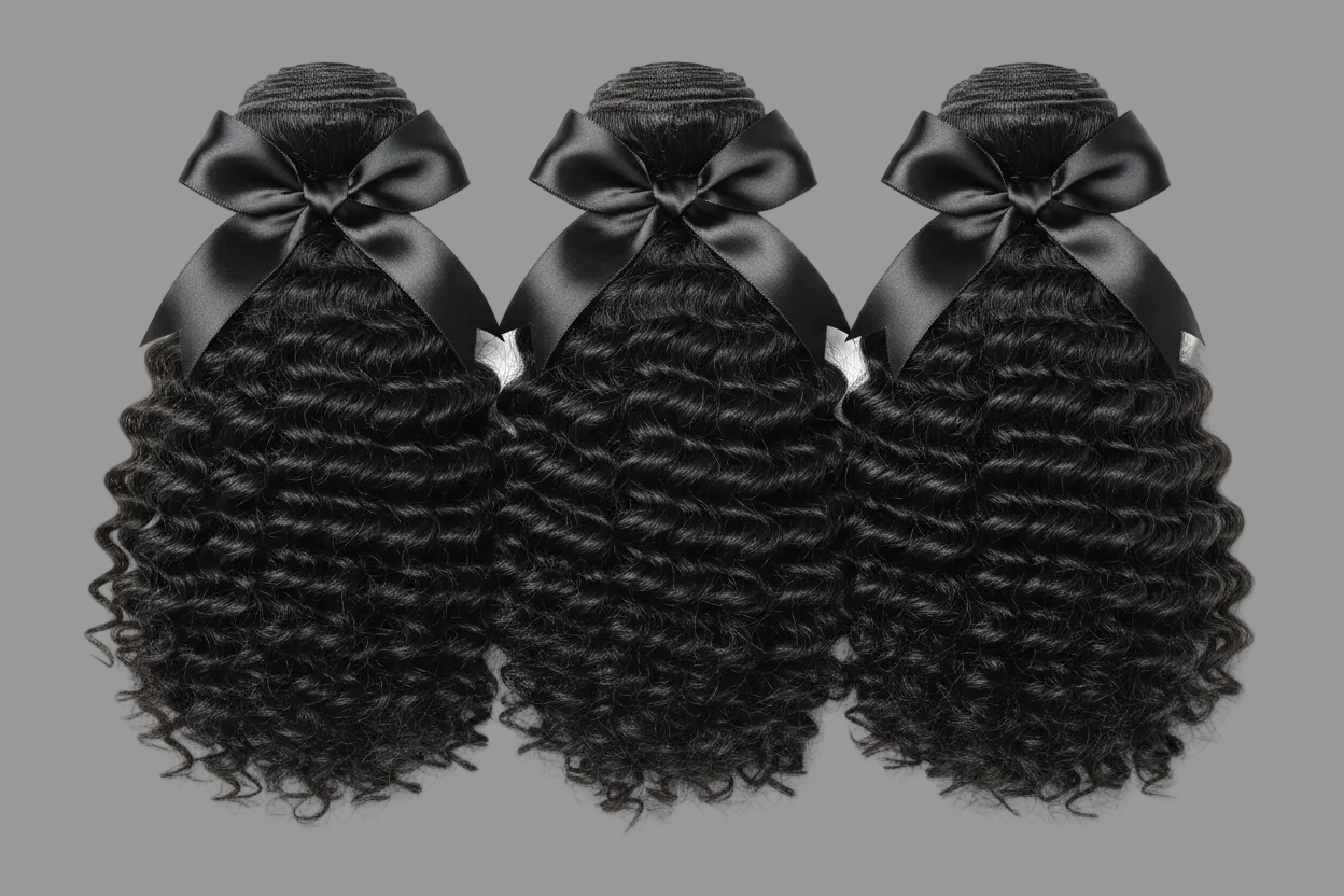 Burmese curly human hair bundles with black bow on top